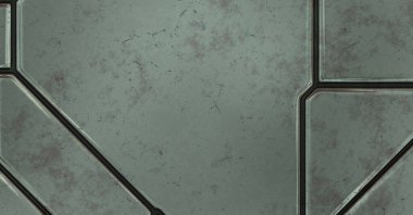 Gelecekçi kavramsal tasarım arka planı. Uzay gemisi desenli duvar kağıdı. Fırçalanmış teknoloji şablonu yüzeyi. Üç boyutlu illüstrasyon. SciFi panelleri duvar.