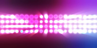 Parlak desenli duvar kağıdı. Sahne ışıkları olan renkli ışıkların ihtişamlı arkaplanı. Parlayan ışıklar siyah arka planda parti izleri. Sahne veya stadyum ışıklarının dijital illüstrasyonu. 