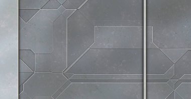 Katmanlı paneller. Fütürist soyut duvar kağıdı. Geometrik teknolojik yansıtıcı arka plan 3D metalik doku. Uzay gemisi desen yüzeyi.