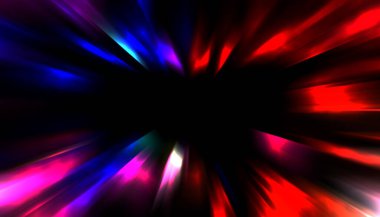 Siyah arkaplanda izole edilmiş dinamik ışık ışınları. Parlayan renkli ışık parçacıklarının grafiksel 2d çizimi.