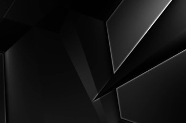 Lüks minimalist tasarım. Fütürist şablon. Karanlık elementleri olan birinci sınıf soyut duvar kâğıdı. Zarif bir zemin. Siyah üç boyutlu geometrik arkaplan. Poster, broşür, sunum için tasarım.