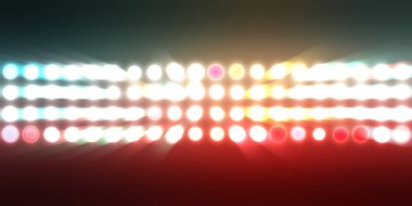 Parlak desenli duvar kağıdı. Sahne ışıkları olan renkli ışıkların ihtişamlı arkaplanı. Parlayan ışıklar siyah arka planda parti izleri. Sahne veya stadyum ışıklarının dijital illüstrasyonu. 