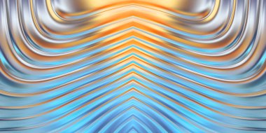 Renkli dalgalı yansıtıcı duvar kağıdının üç boyutlu çizimi. Duvar kağıdı, afiş, arkaplan, kart, kitap kapağı veya web sitesi için grafiksel illüstrasyon. Soyut parlak arkaplan.