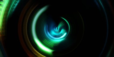 Fotoğraf makinesi konsepti. Soyut arkaplan. Dönen ışık ışınları. Hareketli kavramsal duvar kağıdı. Grafik dijital illüstrasyon. Parlayan neon ışıkları. Parlak sunum tasarım şablonu.