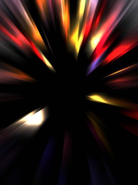 Siyah arkaplanda izole edilmiş dinamik ışık ışınları. Parlayan renkli ışık parçacıklarının grafiksel 2d çizimi.