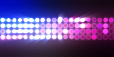 Parlak desenli duvar kağıdı. Sahne ışıkları olan renkli ışıkların ihtişamlı arkaplanı. Parlayan ışıklar siyah arka planda parti izleri. Sahne veya stadyum ışıklarının dijital illüstrasyonu. 