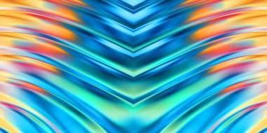 Renkli dalgalı yansıtıcı duvar kağıdının üç boyutlu çizimi. Duvar kağıdı, afiş, arkaplan, kart, kitap kapağı veya web sitesi için grafiksel illüstrasyon. Soyut parlak arkaplan.