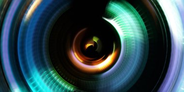 Fotoğraf makinesi konsepti. Soyut arkaplan. Dönen ışık ışınları. Hareketli kavramsal duvar kağıdı. Grafik dijital illüstrasyon. Parlayan neon ışıkları. Parlak sunum tasarım şablonu.