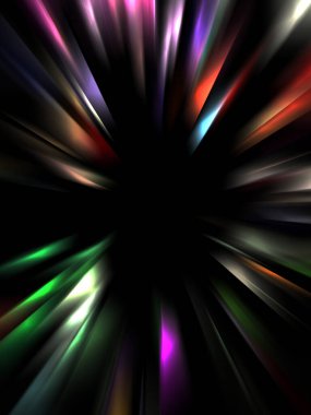 Siyah arkaplanda izole edilmiş dinamik ışık ışınları. Parlayan renkli ışık parçacıklarının grafiksel 2d çizimi.