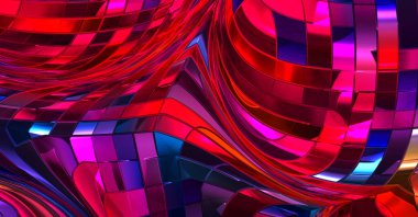 Metalik panel dokusunun 3 boyutlu çizimi. Renkli, parlak, soyut duvar kağıdı. Geometrik teknolojik parlak yansıtıcı arka plan. Yaratıcı parlak kavramsal arkaplan.