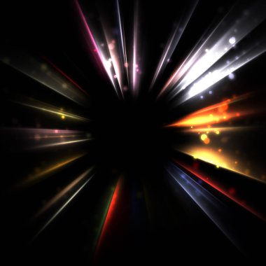 Işık huzmeleri ve parlayan parçacıkların kesiştiği güzel bir zemin. Canlı renkli ışıkların duvar kâğıdı. Parlak ışık görüntüsü.