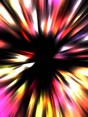 Siyah arkaplanda izole edilmiş dinamik ışık ışınları. Parlayan renkli ışık parçacıklarının grafiksel 2d çizimi.