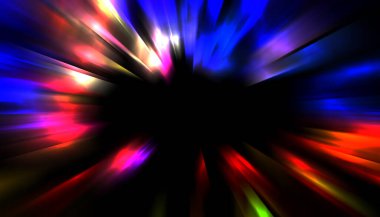 Siyah arkaplanda izole edilmiş dinamik ışık ışınları. Parlayan renkli ışık parçacıklarının grafiksel 2d çizimi.