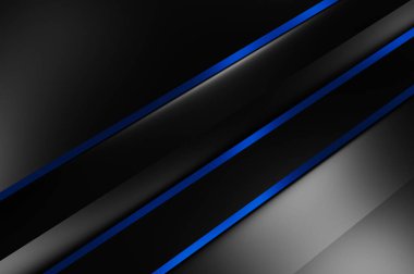 Metin için kopyalama alanı olan soyut siyah paneller. Üç boyutlu illüstrasyon. Renkli ışık özellikli koyu renk tasarım şablonu. Zarif geometrik parlak çizgili arka plan. Minimalist geometrik kapak grafiği.