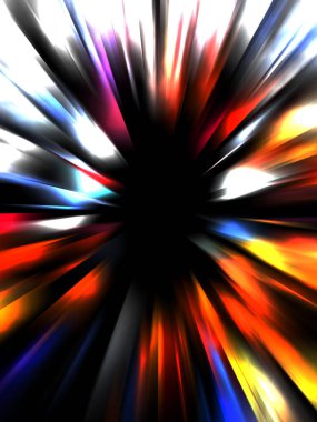 Siyah arkaplanda izole edilmiş dinamik ışık ışınları. Parlayan renkli ışık parçacıklarının grafiksel 2d çizimi.