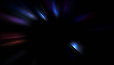 Siyah arkaplanda izole edilmiş dinamik ışık ışınları. Parlayan renkli ışık parçacıklarının grafiksel 2d çizimi.