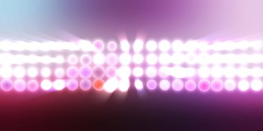 Parlak desenli duvar kağıdı. Sahne ışıkları olan renkli ışıkların ihtişamlı arkaplanı. Parlayan ışıklar siyah arka planda parti izleri. Sahne veya stadyum ışıklarının dijital illüstrasyonu. 