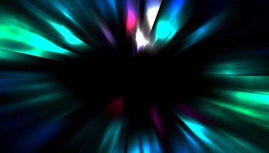 Siyah arkaplanda izole edilmiş dinamik ışık ışınları. Parlayan renkli ışık parçacıklarının grafiksel 2d çizimi.