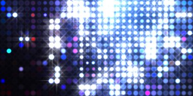 Parlak desenli duvar kağıdı. Sahne ışıkları olan renkli ışıkların ihtişamlı arkaplanı. Parlayan ışıklar siyah arka planda parti izleri. Sahne veya stadyum ışıklarının dijital illüstrasyonu. 