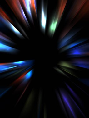 Siyah arkaplanda izole edilmiş dinamik ışık ışınları. Parlayan renkli ışık parçacıklarının grafiksel 2d çizimi.