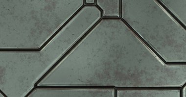 Gelecekçi kavramsal tasarım arka planı. Uzay gemisi desenli duvar kağıdı. Fırçalanmış teknoloji şablonu yüzeyi. Üç boyutlu illüstrasyon. SciFi panelleri duvar.