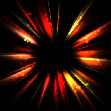 Işık huzmeleri ve parlayan parçacıkların kesiştiği güzel bir zemin. Canlı renkli ışıkların duvar kâğıdı. Parlak ışık görüntüsü.