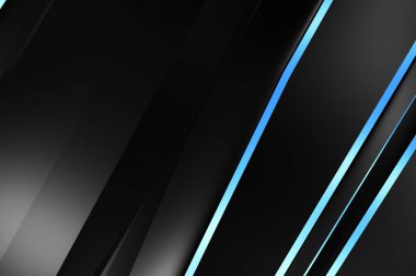 Metin için kopyalama alanı olan soyut siyah paneller. Üç boyutlu illüstrasyon. Renkli ışık özellikli koyu renk tasarım şablonu. Zarif geometrik parlak çizgili arka plan. Minimalist geometrik kapak grafiği.