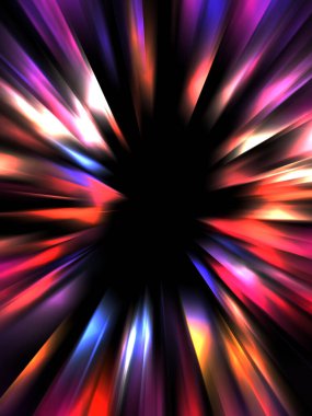 Siyah arkaplanda izole edilmiş dinamik ışık ışınları. Parlayan renkli ışık parçacıklarının grafiksel 2d çizimi.