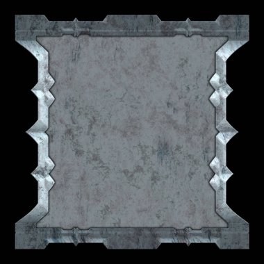 Gelecekçi tasarım şablonu. Metal paslı tabak menüsü. Teknoloji afişi beyaz arkaplanda izole edildi. Bilim kurgu elemanı grafiği. Metalik paslanmış 3 boyutlu illüstrasyon.  