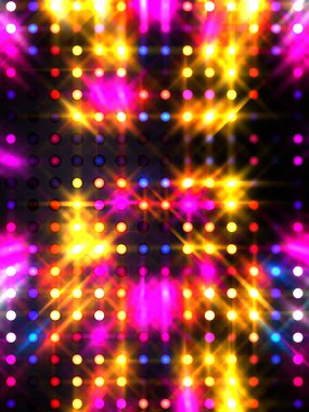 Parlayan ışıklar siyah arka planda parti izleri. Sahne veya stadyum ışıklarının dijital illüstrasyonu. Parlak desenli duvar kağıdı. Sahne ışıkları ile renkli ışıkların ihtişamlı arkaplanı.