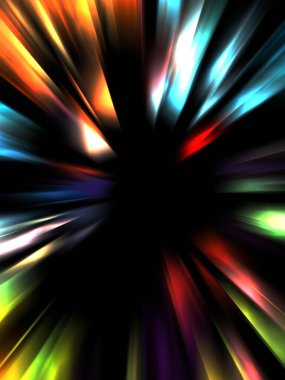 Siyah arkaplanda izole edilmiş dinamik ışık ışınları. Parlayan renkli ışık parçacıklarının grafiksel 2d çizimi.