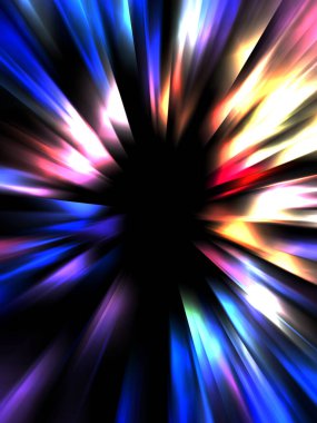 Siyah arkaplanda izole edilmiş dinamik ışık ışınları. Parlayan renkli ışık parçacıklarının grafiksel 2d çizimi.