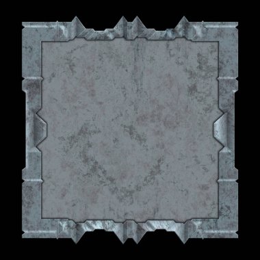 Gelecekçi tasarım şablonu. Metal paslı tabak menüsü. Teknoloji afişi beyaz arkaplanda izole edildi. Bilim kurgu elemanı grafiği. Metalik paslanmış 3 boyutlu illüstrasyon.  