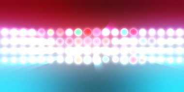 Parlak desenli duvar kağıdı. Sahne ışıkları olan renkli ışıkların ihtişamlı arkaplanı. Parlayan ışıklar siyah arka planda parti izleri. Sahne veya stadyum ışıklarının dijital illüstrasyonu. 