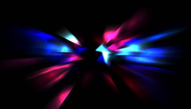 Parlayan ışıkları hareket ettirmenin havalı arka planı. Tasarımınız için canlı renkli bir portal şablonu. Işık ışınları ve hareket halindeki ışıldayan parçacıklar bir solucan deliği şekli oluşturuyor..