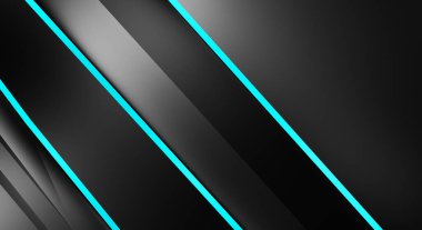 Metin için kopyalama alanı olan soyut siyah paneller. Üç boyutlu illüstrasyon. Renkli ışık özellikli koyu renk tasarım şablonu. Zarif geometrik parlak çizgili arka plan. Minimalist geometrik kapak grafiği.