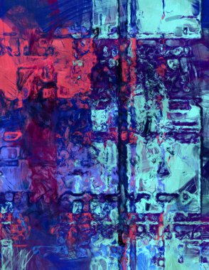 Kaotik resim. Taranmış Boyalı Soyut Arkaplan. Tuval üzerinde etkileyici fırçalanmış resim. Fırça darbesi ile boyanmış. Kaos duvarı sanatı. Sanatsal canlılık ve renkli duvar kağıdı.