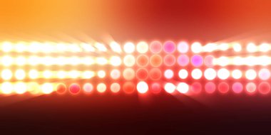Parlak desenli duvar kağıdı. Sahne ışıkları olan renkli ışıkların ihtişamlı arkaplanı. Parlayan ışıklar siyah arka planda parti izleri. Sahne veya stadyum ışıklarının dijital illüstrasyonu. 