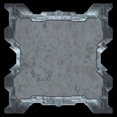 Gelecekçi tasarım şablonu. Metal paslı tabak menüsü. Teknoloji afişi beyaz arkaplanda izole edildi. Bilim kurgu elemanı grafiği. Metalik paslanmış 3 boyutlu illüstrasyon.  