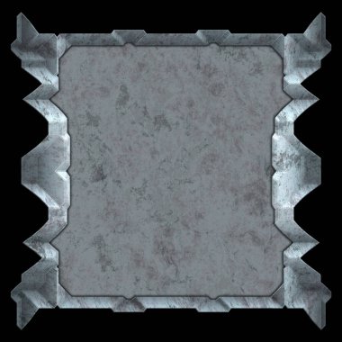 Gelecekçi tasarım şablonu. Metal paslı tabak menüsü. Teknoloji afişi beyaz arkaplanda izole edildi. Bilim kurgu elemanı grafiği. Metalik paslanmış 3 boyutlu illüstrasyon.  