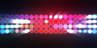 Parlak desenli duvar kağıdı. Sahne ışıkları olan renkli ışıkların ihtişamlı arkaplanı. Parlayan ışıklar siyah arka planda parti izleri. Sahne veya stadyum ışıklarının dijital illüstrasyonu. 