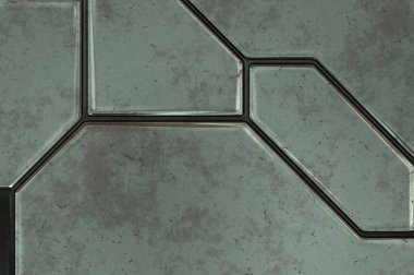 Gelecekçi kavramsal tasarım arka planı. Uzay gemisi desenli duvar kağıdı. Fırçalanmış teknoloji şablonu yüzeyi. Üç boyutlu illüstrasyon. SciFi panelleri duvar.