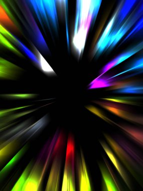 Siyah arkaplanda izole edilmiş dinamik ışık ışınları. Parlayan renkli ışık parçacıklarının grafiksel 2d çizimi.