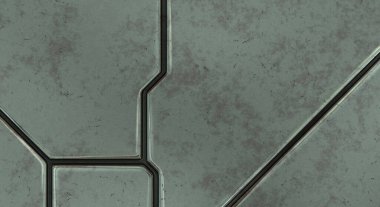 Gelecekçi kavramsal tasarım arka planı. Uzay gemisi desenli duvar kağıdı. Fırçalanmış teknoloji şablonu yüzeyi. Üç boyutlu illüstrasyon. SciFi panelleri duvar.