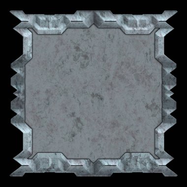 Gelecekçi tasarım şablonu. Metal paslı tabak menüsü. Teknoloji afişi beyaz arkaplanda izole edildi. Bilim kurgu elemanı grafiği. Metalik paslanmış 3 boyutlu illüstrasyon.  