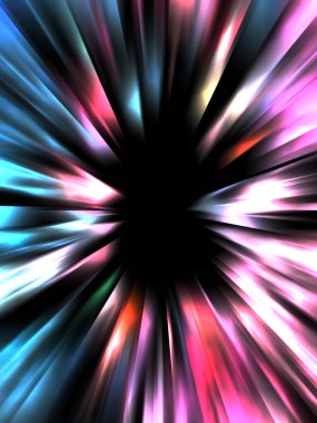 Siyah arkaplanda izole edilmiş dinamik ışık ışınları. Parlayan renkli ışık parçacıklarının grafiksel 2d çizimi.