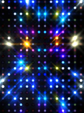 Parlayan ışıklar siyah arka planda parti izleri. Sahne veya stadyum ışıklarının dijital illüstrasyonu. Parlak desenli duvar kağıdı. Sahne ışıkları ile renkli ışıkların ihtişamlı arkaplanı.