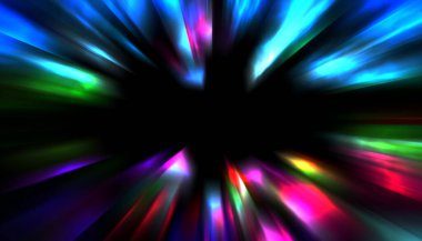 Siyah arkaplanda izole edilmiş dinamik ışık ışınları. Parlayan renkli ışık parçacıklarının grafiksel 2d çizimi.