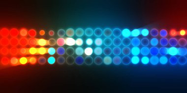 Parlak desenli duvar kağıdı. Sahne ışıkları olan renkli ışıkların ihtişamlı arkaplanı. Parlayan ışıklar siyah arka planda parti izleri. Sahne veya stadyum ışıklarının dijital illüstrasyonu. 