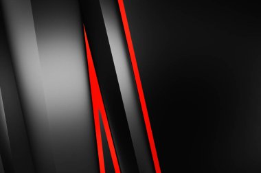 Metin için kopyalama alanı olan soyut siyah paneller. Üç boyutlu illüstrasyon. Renkli ışık özellikli koyu renk tasarım şablonu. Zarif geometrik parlak çizgili arka plan. Minimalist geometrik kapak grafiği.